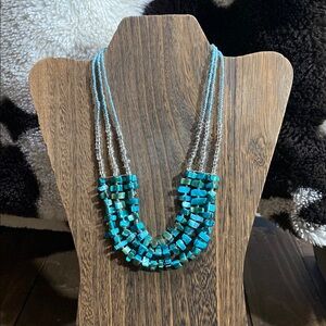 Blue/Teal and Silver Multi-Strand Shell Necklace with Turquoise Stones
